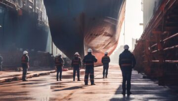 Shipyard workers with a ship under construction in background. C