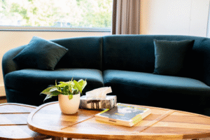 Vitalogisch -32 Close-up van een comfortabele zithoek met een donkergroene fluwelen bank en een ovale houten salontafel met een plant en tijdschriften.